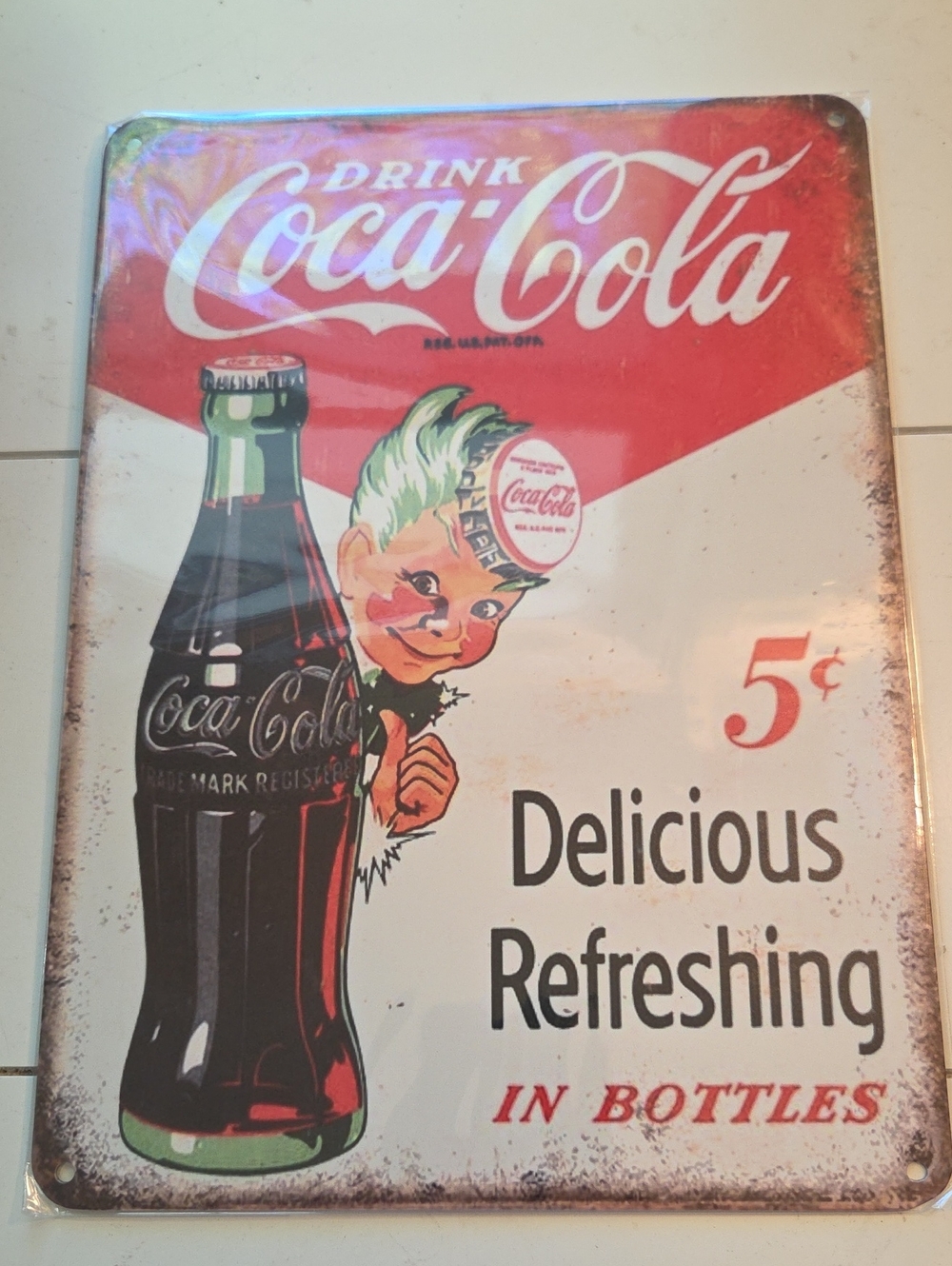 Coca-Cola Red & White Tin Sign with Bottle Artwork